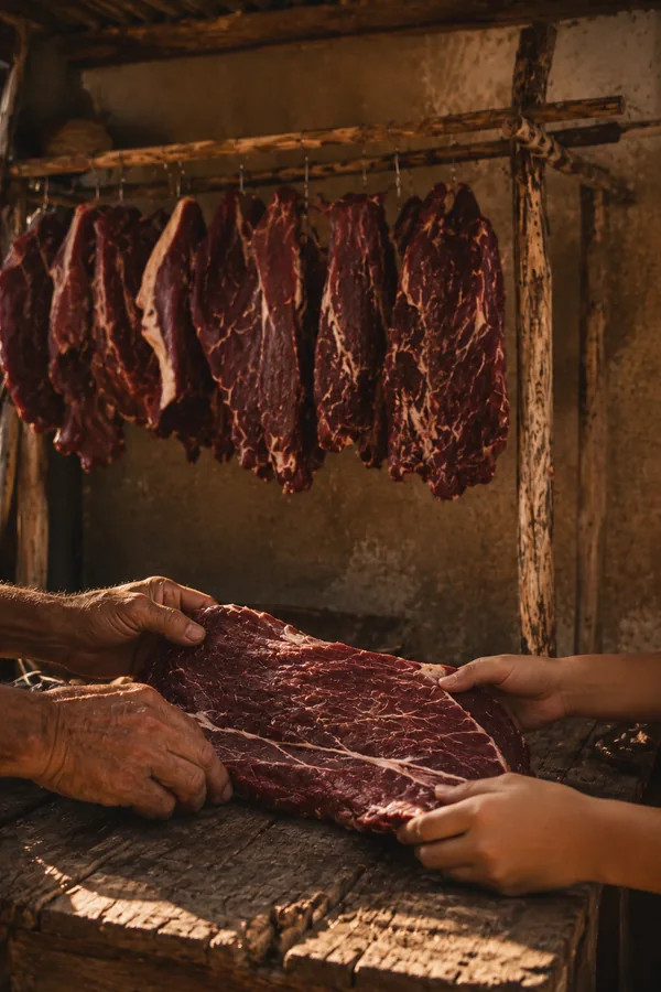Mãos passando a carne de sol, de geração em geração