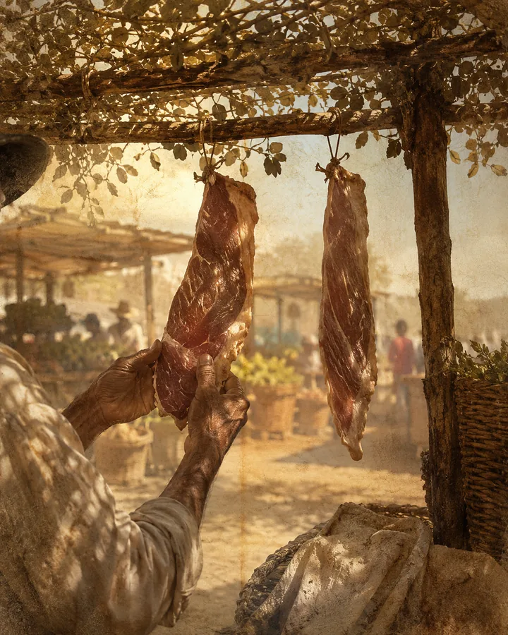 A feira, o marchante e o varal de carne