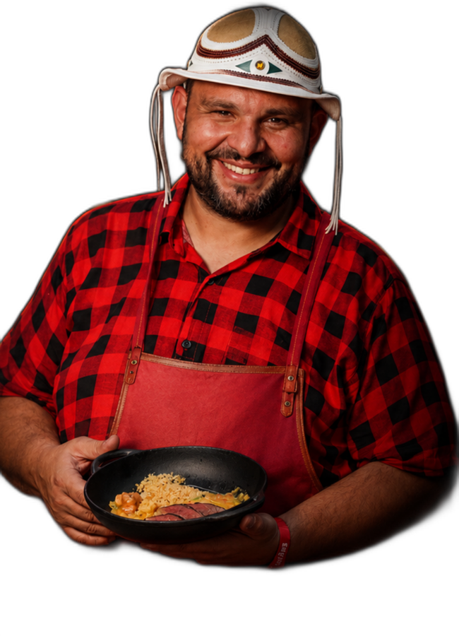 Chef Beethoven Picuí, de chapéu de couro e avental, segurando uma panela de carne de sol